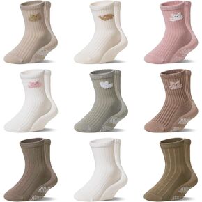 WEVIAS Baby Socks Toddler Grip Non Slip Cotton Crew Infant Boys Girls Anti Skid Socks 9 Pairs