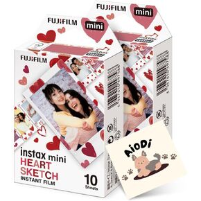 Fujifilm Instax Mini Heart Sketch فيلم كاميرا فوري: 20 Shoots Total ، (10 Sheets × 2) - التقاط الذكريات في أي وقت وفي أي مكان - شملت Aiodi ملصق Aiodi