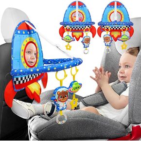 Dr.Rapeti Double-Sided Car Seat Toy, Rear Facing Car Seat Toy, Travel Activity Set, Easier Drive for Newborn, Adjustable Activity Arch with Baby Mirror, Teether, Ring Rattles