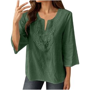 Linen Shirts for Women Summer Floral Embroidery Basic 3/4 Sleeve Tunic Tops Casual V Neck Solid Vacation Blouse
