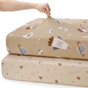 Baby Crib Sheets for Boys Girls Neutral, 2 Pack Crib Mattress Sheet for Standard Crib and Toddler Mattress, Super Soft Breathable Fitted Crib Sheet 52x28x8in (Brown Rocket)