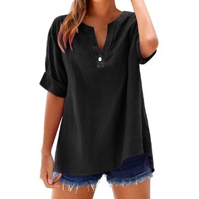 Short Sleeve Shirts for Women Casual Tops Trendy Summer Solid Button V Neck Henley T Shirts Loose Fit Basic Tees