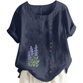 Shirts for Women Graphic Tees Cotton Linen Tops Short Sleeve Button Down Floral Print Blouses Summer Casual Shirts