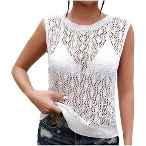 Women's Sleeveless Sweater Vest Summer Crew Neck Crochet Eyelet Knit Lightweight Pullover Casual Loose Fit Tank Tops