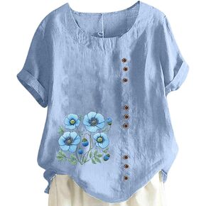 Cotton Linen Tops for Women Loose Fit Casual Roll Up Short Sleeve T-Shirt Trendy Summer Cute Graphic Floral Blouse