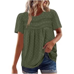 Womens Swiss Dots Blouse V Neck Ruffle Short Sleeve Lace Shirts Dressy Casual Cute Summer Tunic Tops Fashion Clothes
