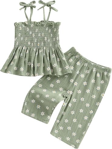 Little Kids Girl Summer Outfit Sleeveless Tied Flower Print Cami Tank Tops Elastic Pants Toddler 2Pcs Clothes Set in Saudi Arabia