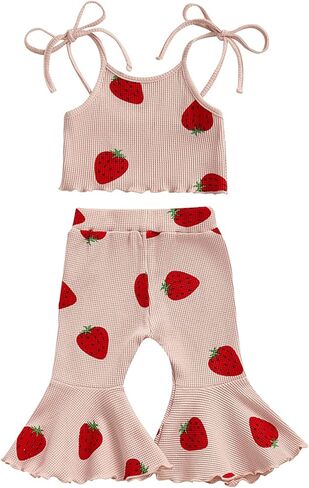 Lefyira Strawberry Outfit Toddler Girl Bell Bords Forms Strap Crop Top Top Flare Pants Fruit Fruit Outfit Baby Summer Cloths in Kuwait