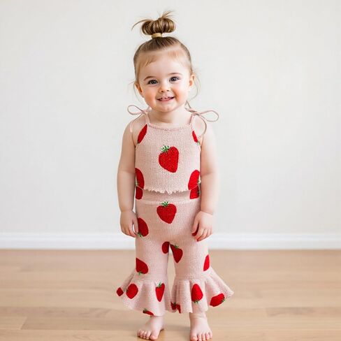 Lefyira Strawberry Outfit Toddler Girl Bell Bords Forms Strap Crop Top Top Flare Pants Fruit Fruit Outfit Baby Summer Cloths in Kuwait
