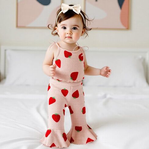 Lefyira Strawberry Outfit Toddler Girl Bell Bords Forms Strap Crop Top Top Flare Pants Fruit Fruit Outfit Baby Summer Cloths in Kuwait