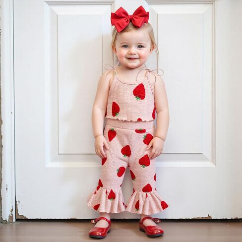 Lefyira Strawberry Outfit Toddler Girl Bell Bords Forms Strap Crop Top Top Flare Pants Fruit Fruit Outfit Baby Summer Cloths in Kuwait