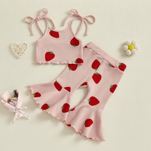 Lefyira Strawberry Outfit Toddler Girl Bell Bords Forms Strap Crop Top Top Flare Pants Fruit Fruit Outfit Baby Summer Cloths in Kuwait