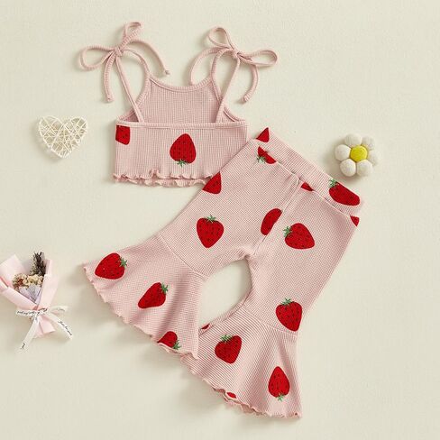 Lefyira Strawberry Outfit Toddler Girl Bell Bords Forms Strap Crop Top Top Flare Pants Fruit Fruit Outfit Baby Summer Cloths in Kuwait