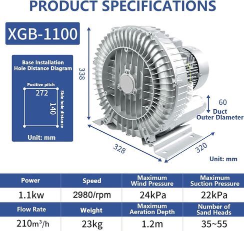 Single Phase Turbine Blower, Regenerative Air Blower, 120w-1100w Optional, 2980 RPM/Min, Maximum Air Volume 210m³/H, with Dust Filter and Aluminum Housing, Blow-Suck Dual-Purpose,550W in Saudi Arabia