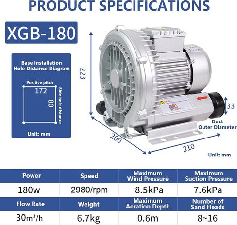 Single Phase Turbine Blower, Regenerative Air Blower, 120w-1100w Optional, 2980 RPM/Min, Maximum Air Volume 210m³/H, with Dust Filter and Aluminum Housing, Blow-Suck Dual-Purpose,550W in Saudi Arabia