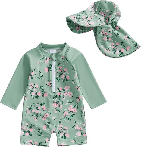 Toddler Baby Boys Girls Swimsuit One-Piece Zipper Rash Guard Swimwear UPF 50+ Sun Protection Bathing Suit with Hat in Saudi Arabia