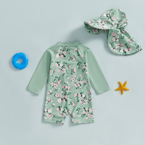 Toddler Baby Boys Girls Swimsuit One-Piece Zipper Rash Guard Swimwear UPF 50+ Sun Protection Bathing Suit with Hat in Saudi Arabia