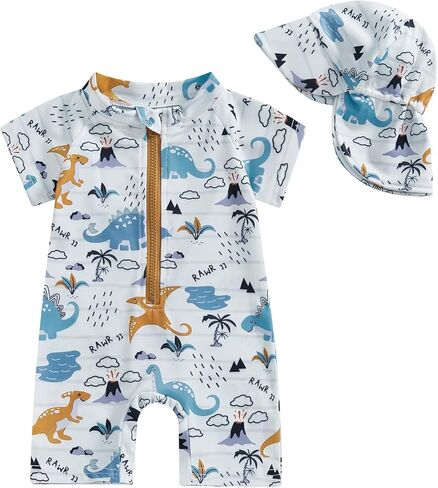 Toddler Baby Boys Girls Swimsuit One-Piece Zipper Rash Guard Swimwear UPF 50+ Sun Protection Bathing Suit with Hat in Saudi Arabia