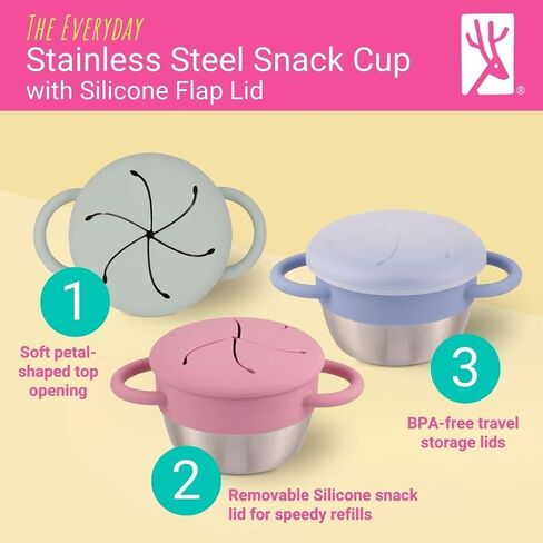 Elk and Friends Stainless Steel Snack Cups | Removable Silicone Food Catcher and Travel Lid | Spill-Proof Snack Containers for Baby, Toddler, Kids | Dishwasher Safe | 2 Pack in Saudi Arabia