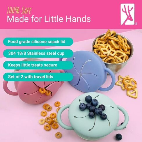 Elk and Friends Stainless Steel Snack Cups | Removable Silicone Food Catcher and Travel Lid | Spill-Proof Snack Containers for Baby, Toddler, Kids | Dishwasher Safe | 2 Pack in Saudi Arabia
