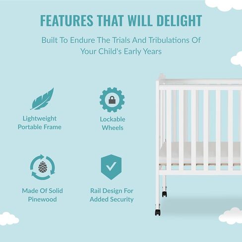 Dream On Me 2-In-1 Lightweight Folding Portable Stationary Side Crib In White, Greenguard Gold Certified, Baby Crib To Playpen, Folds Flat For Storage, Locking Wheels in Kuwait