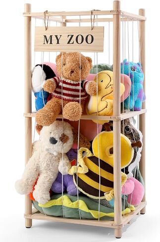 Stuffed Animal Storage Zoo, Wooden Stuffed Animal Organizer with Elastic Cords for Boys Girls, Space Saving Toy Plushies Storage Holder for Playroom, Bedroom, Living Room (Burlywood, Small) in Saudi Arabia