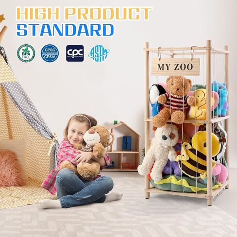Stuffed Animal Storage Zoo, Wooden Stuffed Animal Organizer with Elastic Cords for Boys Girls, Space Saving Toy Plushies Storage Holder for Playroom, Bedroom, Living Room (Burlywood, Small) in Saudi Arabia