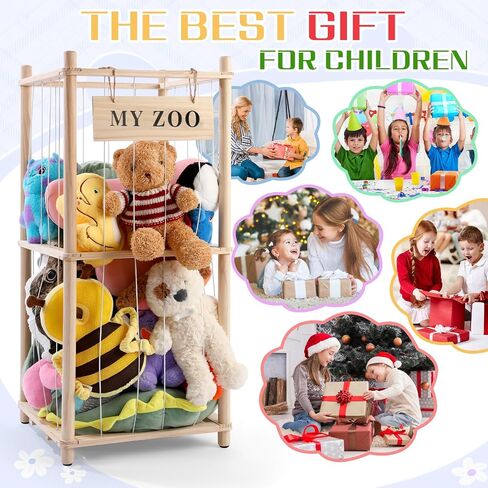 Stuffed Animal Storage Zoo, Wooden Stuffed Animal Organizer with Elastic Cords for Boys Girls, Space Saving Toy Plushies Storage Holder for Playroom, Bedroom, Living Room (Burlywood, Small) in Saudi Arabia