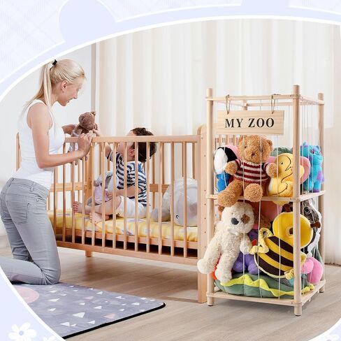 Stuffed Animal Storage Zoo, Wooden Stuffed Animal Organizer with Elastic Cords for Boys Girls, Space Saving Toy Plushies Storage Holder for Playroom, Bedroom, Living Room (Burlywood, Small) in Saudi Arabia