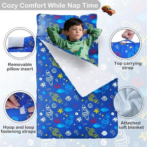Toddler Nap Mat with Removable Pillow and Blanket, Cot Nap Mats for Daycare Preschool Kindergarten, Roll Up Lightweight Portable Travel Sleeping Bag in Kuwait