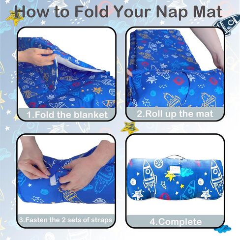 Toddler Nap Mat with Removable Pillow and Blanket, Cot Nap Mats for Daycare Preschool Kindergarten, Roll Up Lightweight Portable Travel Sleeping Bag in Kuwait