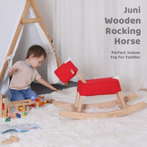 Natural Wooden Rocking Horse for Preschool (Ages 3-6) - Solid Rubber Wood, Safe & Comfortable Footrest, Smooth Surface for Decoration, Supports Physical & Cognitive Growth in Saudi Arabia