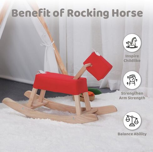 Natural Wooden Rocking Horse for Preschool (Ages 3-6) - Solid Rubber Wood, Safe & Comfortable Footrest, Smooth Surface for Decoration, Supports Physical & Cognitive Growth in Saudi Arabia