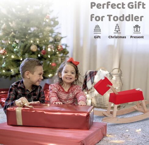 Natural Wooden Rocking Horse for Preschool (Ages 3-6) - Solid Rubber Wood, Safe & Comfortable Footrest, Smooth Surface for Decoration, Supports Physical & Cognitive Growth in Saudi Arabia