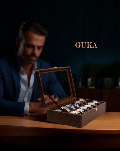 صندوق ساعة GUKA، حافظة ساعة ذات 12 فتحة مع غطاء زجاجي حقيقي كبير، منظم ساعة مع وسادة ساعة قابلة للإزالة، شاشة عرض ساعة من الجلد الصناعي الأسود، أسود in Saudi Arabia