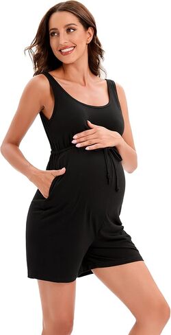 Maternity Jumpsuit Women's Maternity Scoop Neck Tank Romper Maternity Jumpsuits for Pregnant Women Black S in Saudi Arabia