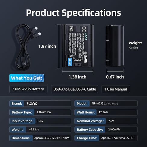 llano USB-C NP-W235 Battery for Fujifilm XT5, XT4, GFX100RF, VG-XT4, X-S20, GFX100S, GFX50S II, X-H2S, X-H2 Cameras, 2400mAh Huge Capacity, Fully decoded, 2.8H Full Charged, Black in Saudi Arabia