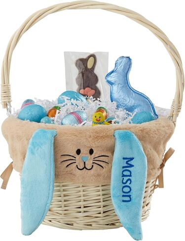 Personalization Universe Hand-Woven Easter Basket with Folding Handle & Personalized Bunny Liner - Ideal Egg Hunt Basket, Vintage Style Wicker - Natural Basket, Tan Liner, and Blue Ears in Saudi Arabia
