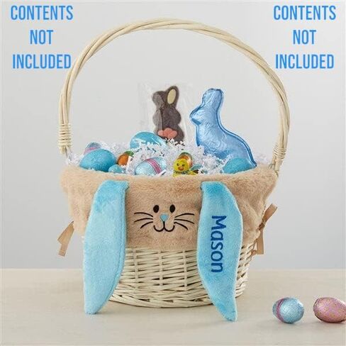 Personalization Universe Hand-Woven Easter Basket with Folding Handle & Personalized Bunny Liner - Ideal Egg Hunt Basket, Vintage Style Wicker - Natural Basket, Tan Liner, and Blue Ears in Saudi Arabia