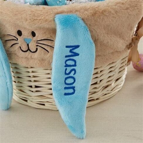Personalization Universe Hand-Woven Easter Basket with Folding Handle & Personalized Bunny Liner - Ideal Egg Hunt Basket, Vintage Style Wicker - Natural Basket, Tan Liner, and Blue Ears in Saudi Arabia
