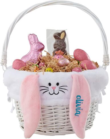 Personalization Universe Hand-Woven Easter Basket with Folding Handle & Personalized Bunny Liner - Ideal Egg Hunt Basket, Vintage Style Wicker - Natural Basket, Tan Liner, and Blue Ears in Saudi Arabia