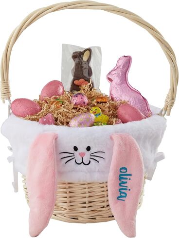 Personalization Universe Hand-Woven Easter Basket with Folding Handle & Personalized Bunny Liner - Ideal Egg Hunt Basket, Vintage Style Wicker - Natural Basket, Tan Liner, and Blue Ears in Saudi Arabia