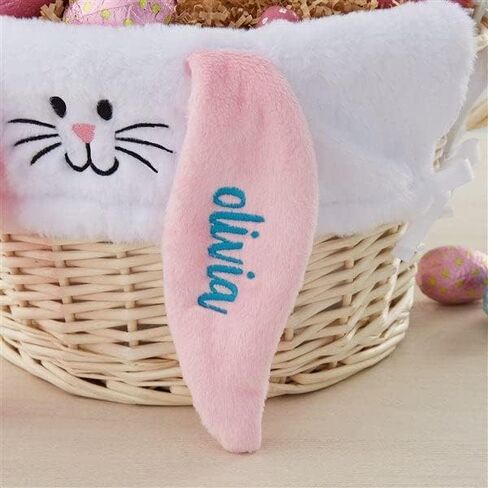 Personalization Universe Hand-Woven Easter Basket with Folding Handle & Personalized Bunny Liner - Ideal Egg Hunt Basket, Vintage Style Wicker - Natural Basket, Tan Liner, and Blue Ears in Saudi Arabia