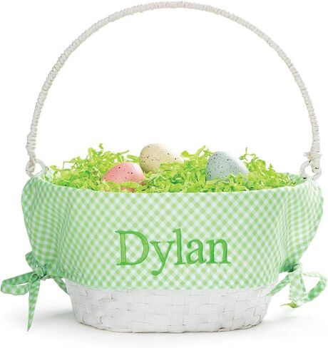 Personalized Easter Egg Basket with Handle and Custom Name | Green Gingham Easter Basket Liners | White Basket | Woven Easter Baskets for Kids and Adults | Customized Easter Basket | Gift for Easter in Saudi Arabia