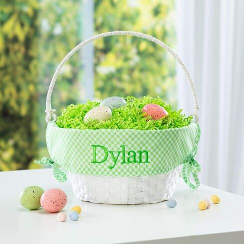 Personalized Easter Egg Basket with Handle and Custom Name | Green Gingham Easter Basket Liners | White Basket | Woven Easter Baskets for Kids and Adults | Customized Easter Basket | Gift for Easter in Saudi Arabia