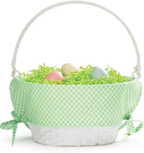Personalized Easter Egg Basket with Handle and Custom Name | Green Gingham Easter Basket Liners | White Basket | Woven Easter Baskets for Kids and Adults | Customized Easter Basket | Gift for Easter in Saudi Arabia