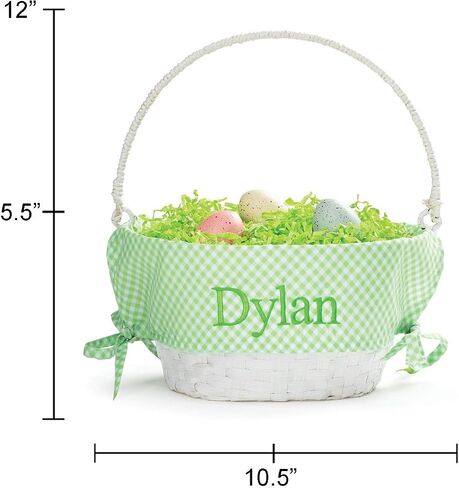 Personalized Easter Egg Basket with Handle and Custom Name | Green Gingham Easter Basket Liners | White Basket | Woven Easter Baskets for Kids and Adults | Customized Easter Basket | Gift for Easter in Saudi Arabia