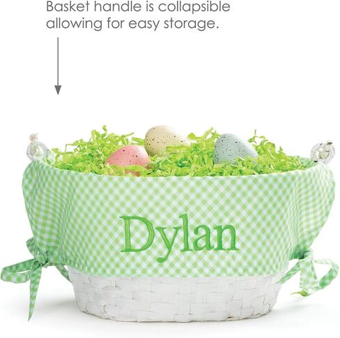 Personalized Easter Egg Basket with Handle and Custom Name | Green Gingham Easter Basket Liners | White Basket | Woven Easter Baskets for Kids and Adults | Customized Easter Basket | Gift for Easter in Saudi Arabia