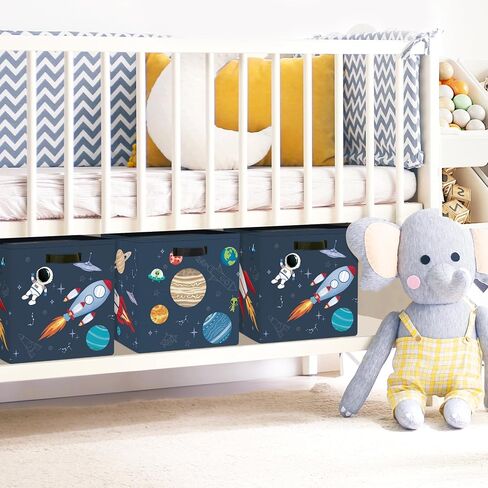 Clastyle 11.8" Space Storage Basket Set of 3 for Kid Boy Toy Clothes Bin | Collapsible Fabric Book Bin, Metal Frame Bottom Board, Cube Organizer, Closet Nursery Pantry Shelf Bedroom, Solar System in Saudi Arabia