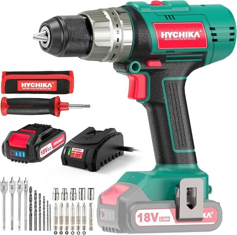 Cordless Hammer Drill Driver 18V, HYCHIKA 400 In-lbs Torque Power Drill with Auxiliary Handle, 1/2" Metal Chuck, 2.0Ah Battery, 1H Fast Charger, 21+3 Clutch, LED Light for Drilling Wood Metal Wall in Kuwait
